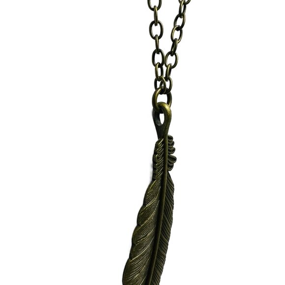 Large Feather Pendant Oval Link Chain Antique Bronze - Picture 3 of 8